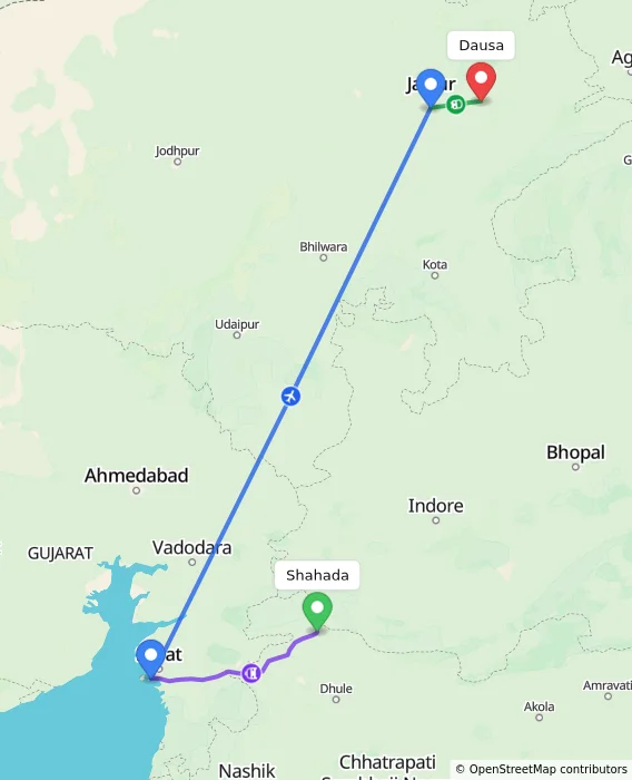 Route map showing distance and travel time from Shahada, India to Dausa, India