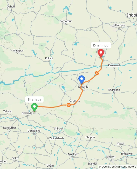 Route map showing distance and travel time from Shahada, India to Dhamnod, India