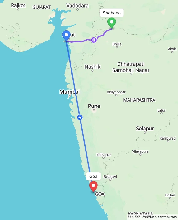 Route map showing distance and travel time from Shahada, India to Goa, India