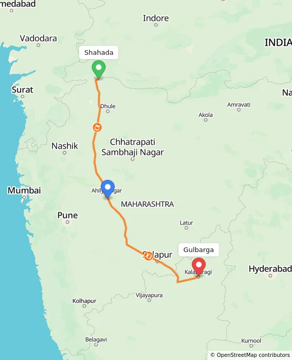 Route map showing distance and travel time from Shahada, India to Gulbarga, India