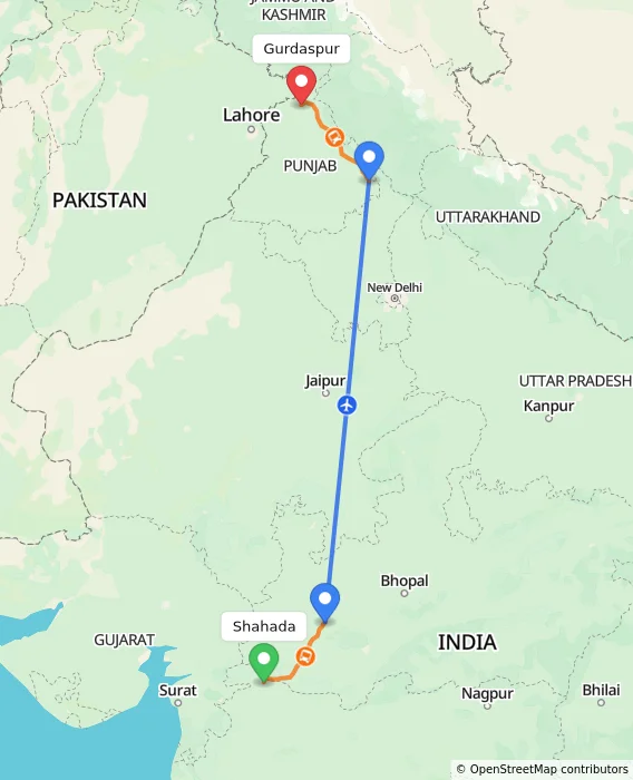 Route map showing distance and travel time from Shahada, India to Gurdaspur, India