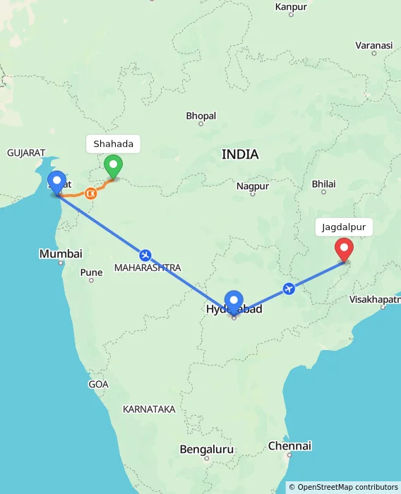 Route map showing distance and travel time from Shahada, India to Jagdalpur, India