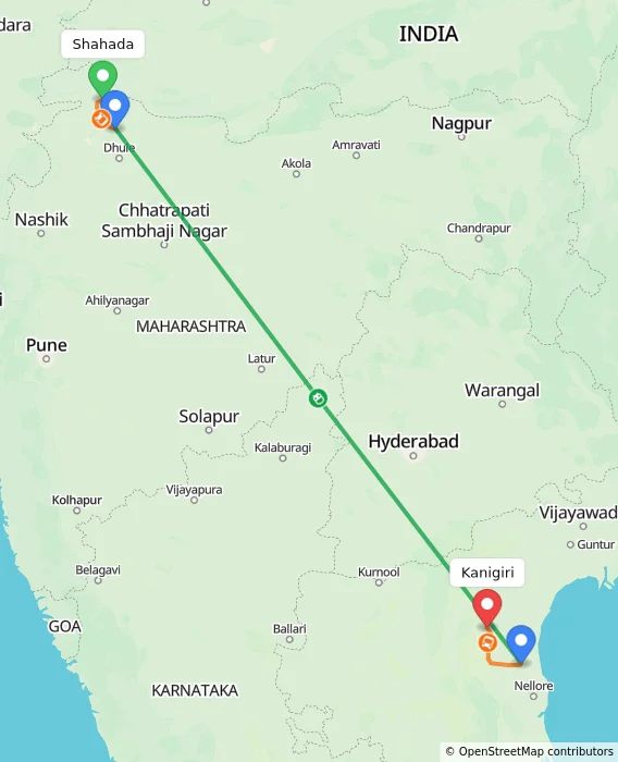 Route map showing distance and travel time from Shahada, India to Kanigiri, India