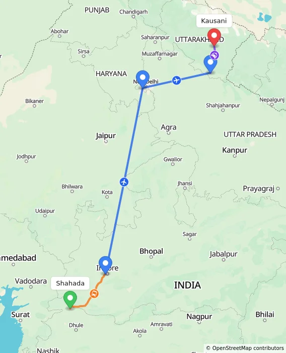 Route map showing distance and travel time from Shahada, India to Kausani, India