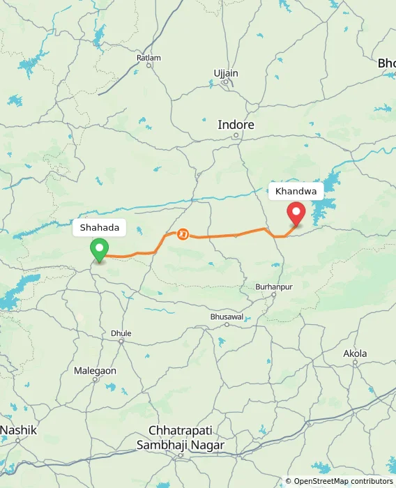 Route map showing distance and travel time from Shahada, India to Khandwa, India
