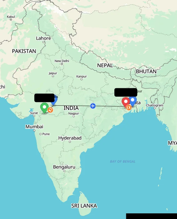 Route map showing distance and travel time from Shahada, India to Kharagpur, India