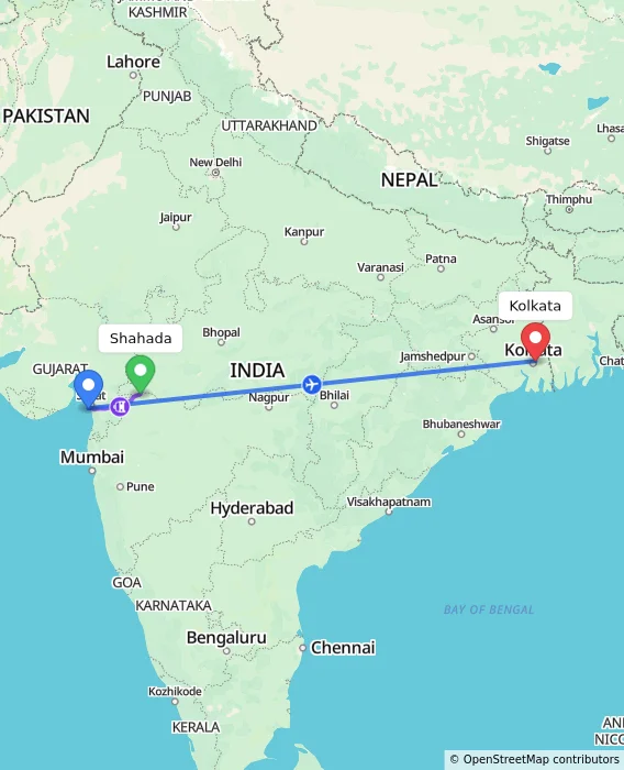Route map showing distance and travel time from Shahada, India to Kolkata, India