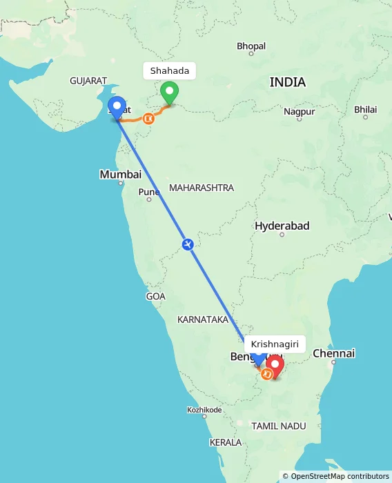 Route map showing distance and travel time from Shahada, India to Krishnagiri, India