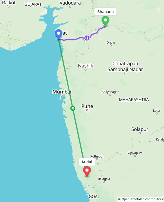 Route map showing distance and travel time from Shahada, India to Kudal, India