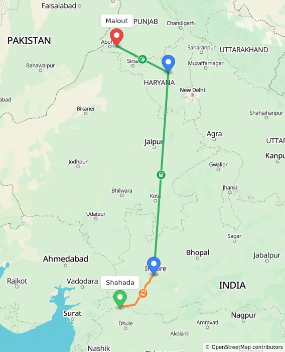 Route map showing distance and travel time from Shahada, India to Malout, India