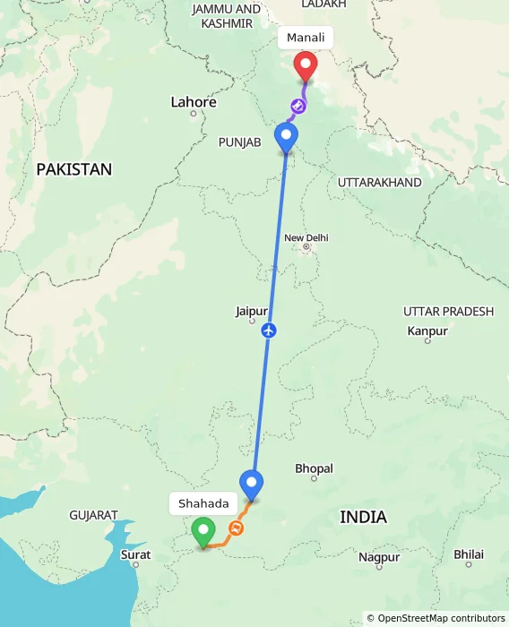Route map showing distance and travel time from Shahada, India to Manali, India