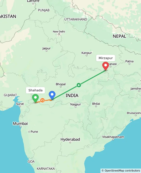 Route map showing distance and travel time from Shahada, India to Mirzapur, India