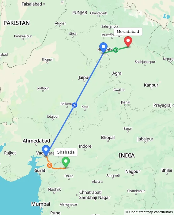 Route map showing distance and travel time from Shahada, India to Moradabad, India