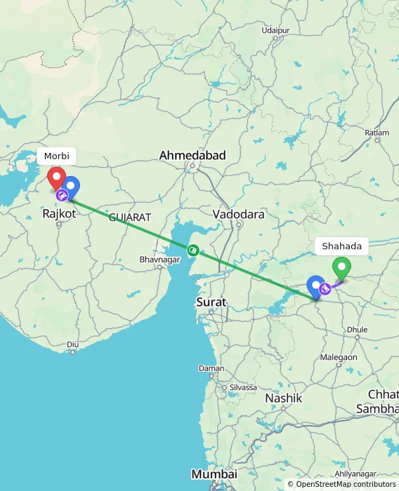 Route map showing distance and travel time from Shahada, India to Morbi, India