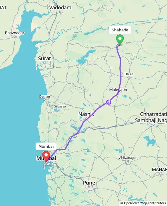 Route map showing distance and travel time from Shahada, India to Mumbai, India