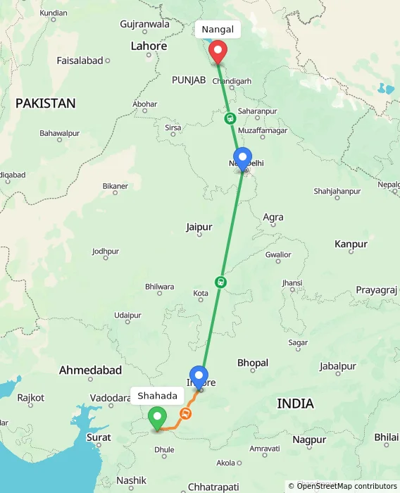Route map showing distance and travel time from Shahada, India to Nangal, India