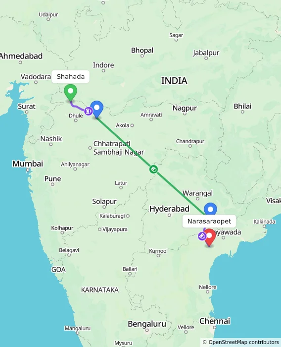 Route map showing distance and travel time from Shahada, India to Narasaraopet, India