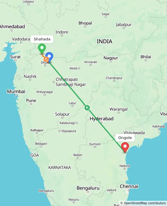 Route map showing distance and travel time from Shahada, India to Ongole, India