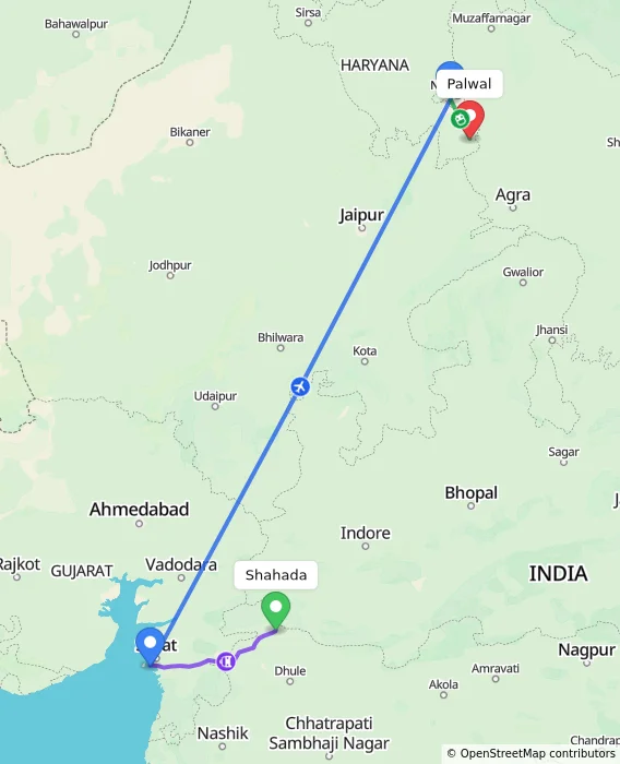 Route map showing distance and travel time from Shahada, India to Palwal, India