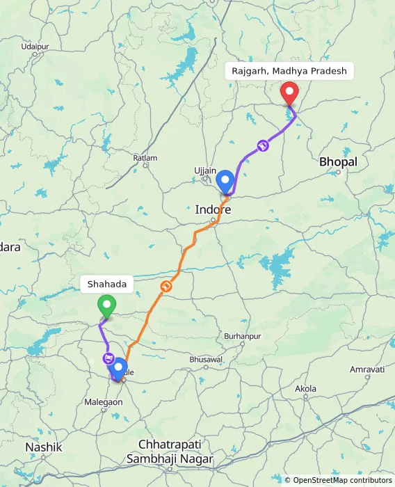 Route map showing distance and travel time from Shahada, India to Rajgarh, Madhya Pradesh, India