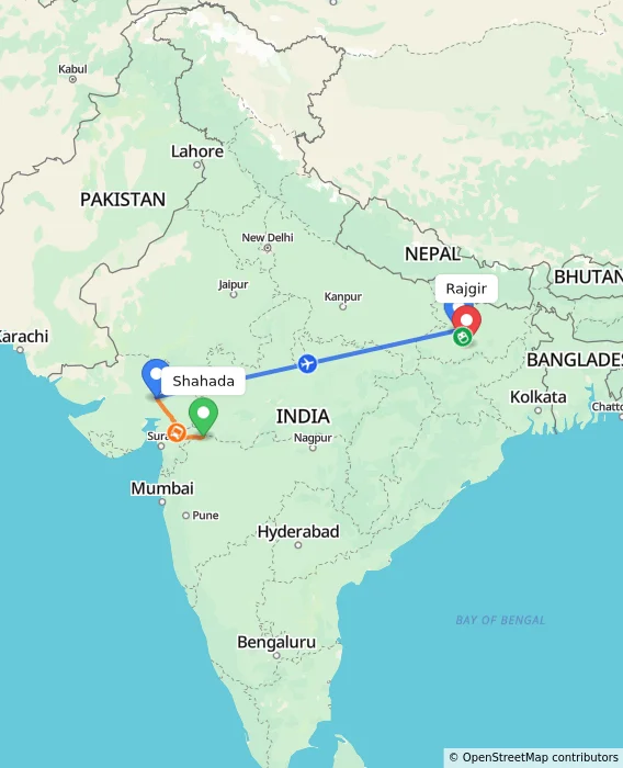 Route map showing distance and travel time from Shahada, India to Rajgir, India