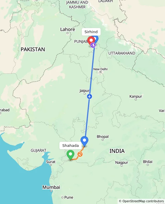Route map showing distance and travel time from Shahada, India to Sirhind, India
