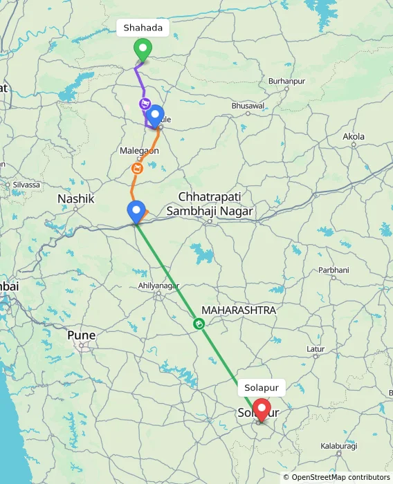 Route map showing distance and travel time from Shahada, India to Solapur, India
