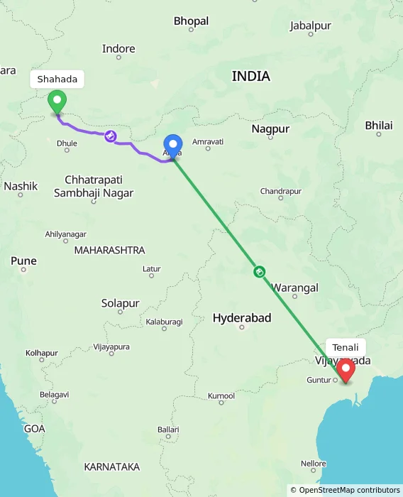 Route map showing distance and travel time from Shahada, India to Tenali, India
