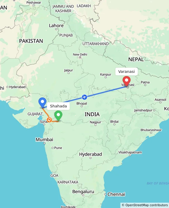 Route map showing distance and travel time from Shahada, India to Varanasi, India