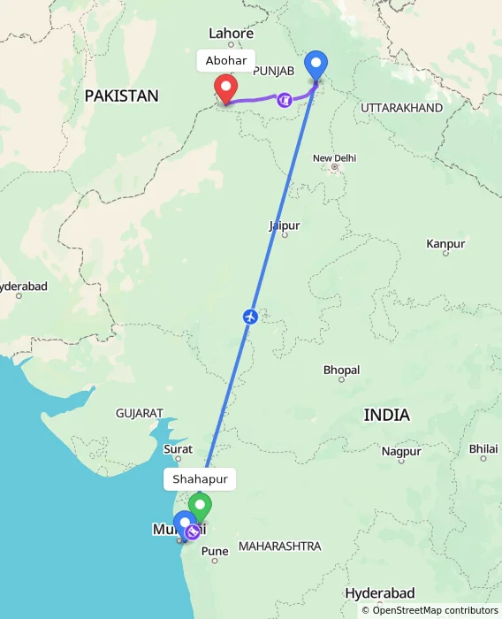 Route map showing distance and travel time from Shahapur, India to Abohar, India