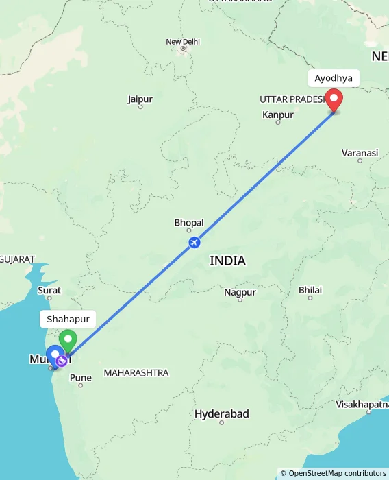 Route map showing distance and travel time from Shahapur, India to Ayodhya, India