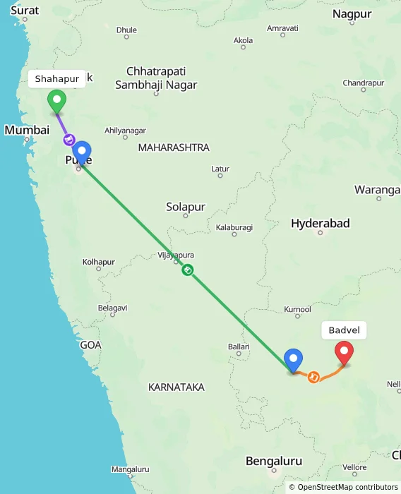 Route map showing distance and travel time from Shahapur, India to Badvel, India