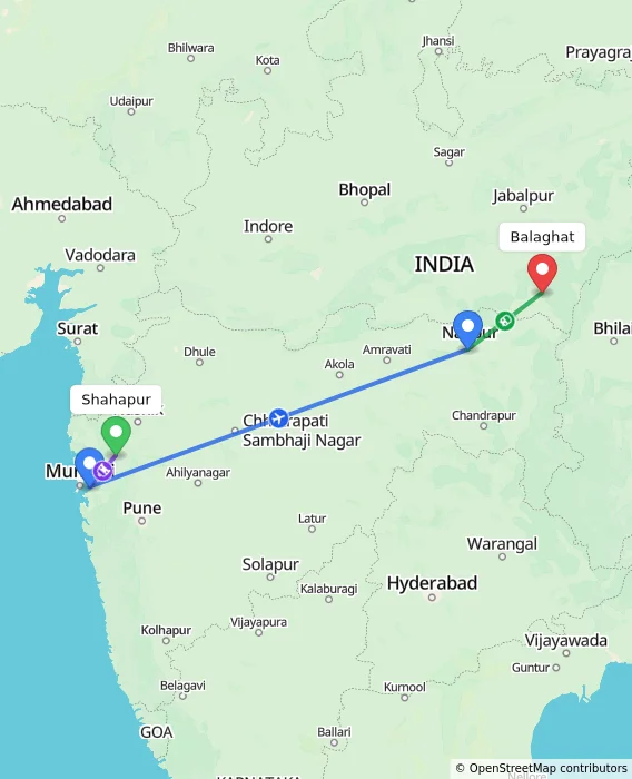 Route map showing distance and travel time from Shahapur, India to Balaghat, India