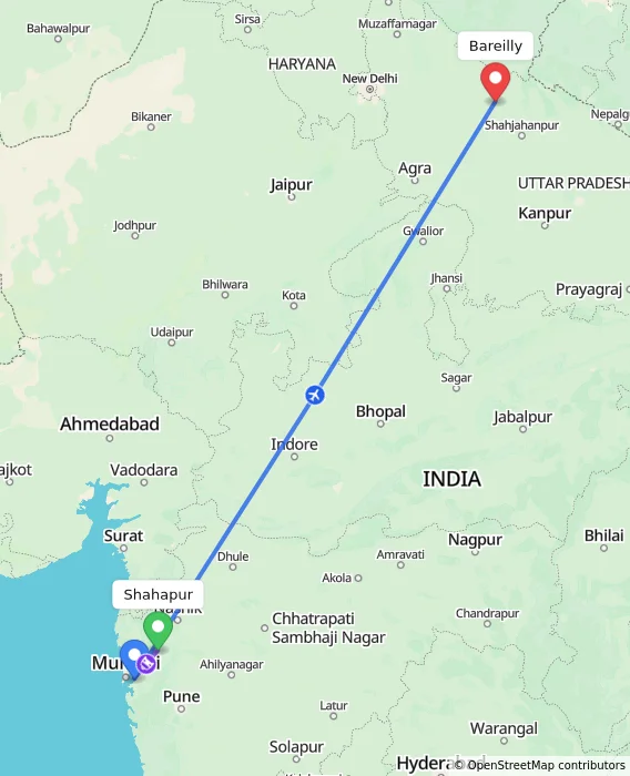 Route map showing distance and travel time from Shahapur, India to Bareilly, India