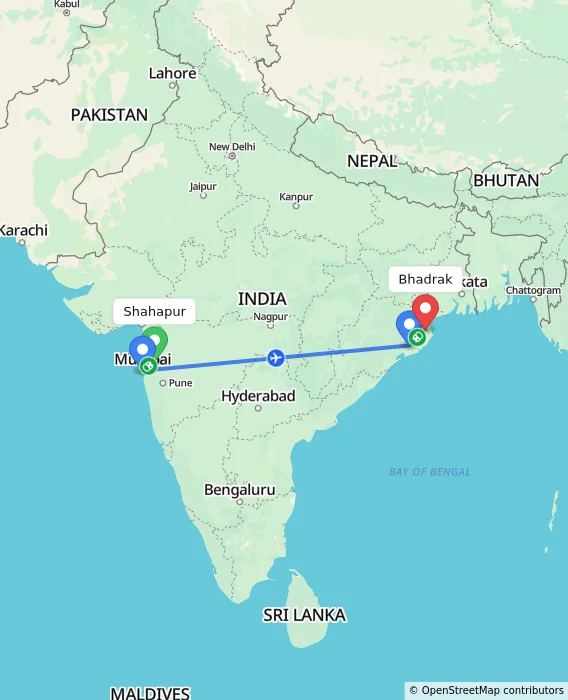 Route map showing distance and travel time from Shahapur, India to Bhadrak, India