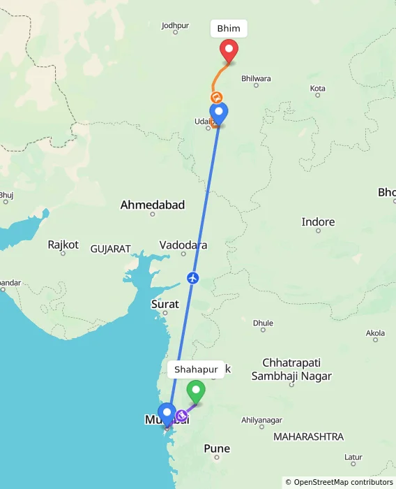 Route map showing distance and travel time from Shahapur, India to Bhim, India