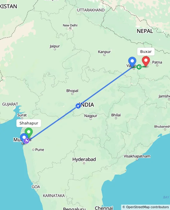Route map showing distance and travel time from Shahapur, India to Buxar, India