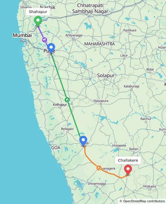 Route map showing distance and travel time from Shahapur, India to Challakere, India