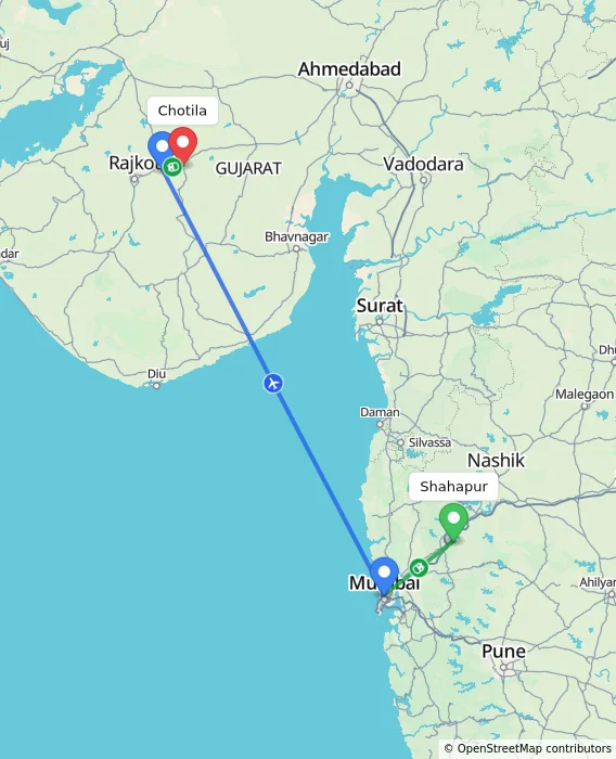 Route map showing distance and travel time from Shahapur, India to Chotila, India