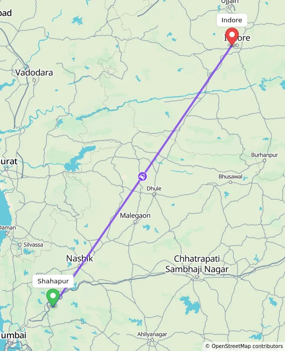 Route map showing distance and travel time from Shahapur, India to Indore, India