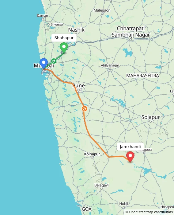Route map showing distance and travel time from Shahapur, India to Jamkhandi, India