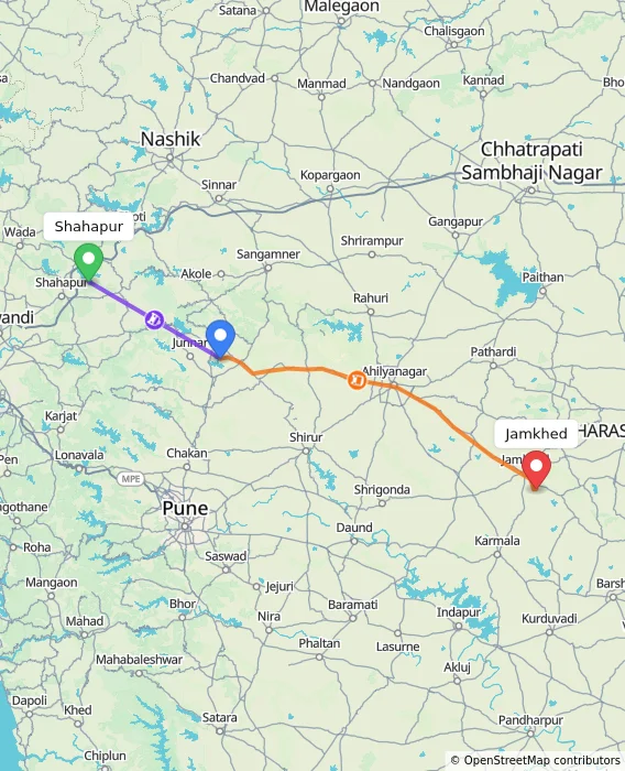 Route map showing distance and travel time from Shahapur, India to Jamkhed, India