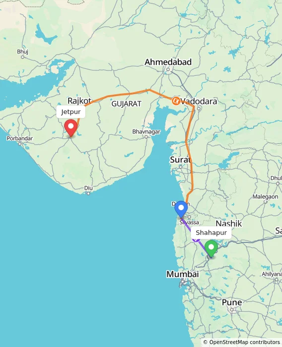 Route map showing distance and travel time from Shahapur, India to Jetpur, India