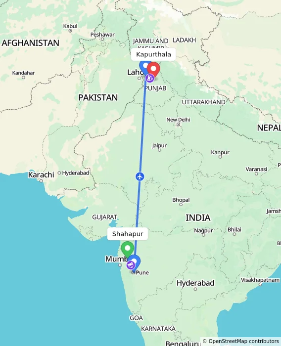 Route map showing distance and travel time from Shahapur, India to Kapurthala, India