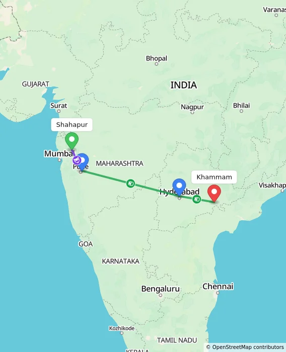 Route map showing distance and travel time from Shahapur, India to Khammam, India