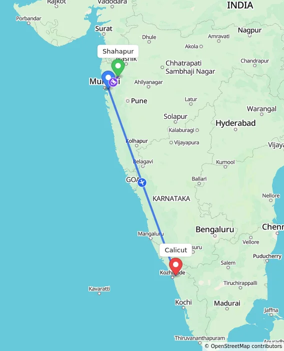 Route map showing distance and travel time from Shahapur, India to Kozhikode, India