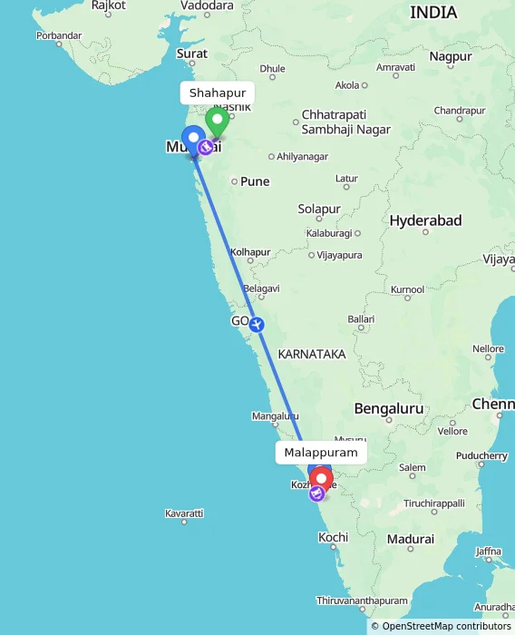 Route map showing distance and travel time from Shahapur, India to Malappuram, India