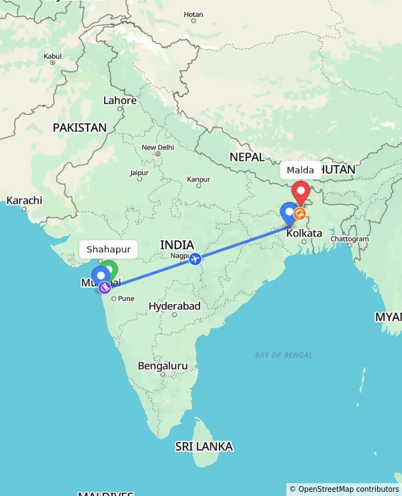 Route map showing distance and travel time from Shahapur, India to Malda, India