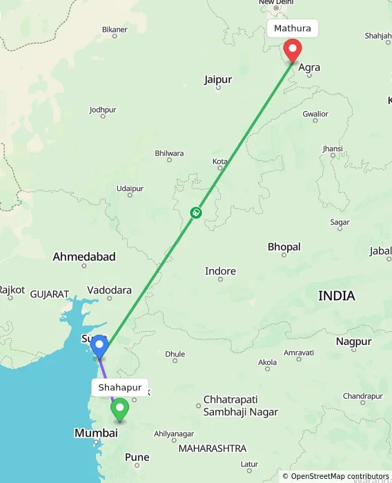 Route map showing distance and travel time from Shahapur, India to Mathura, India