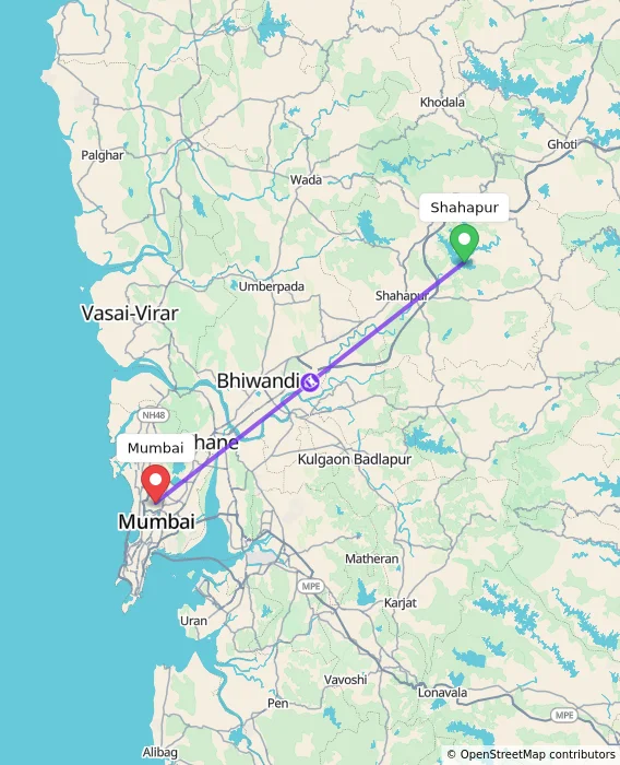Route map showing distance and travel time from Shahapur, India to Mumbai, India
